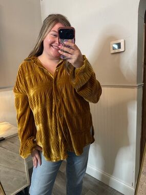 Free People My Best Velvet Button-Down Shirt - Golden Mustard Size Small
